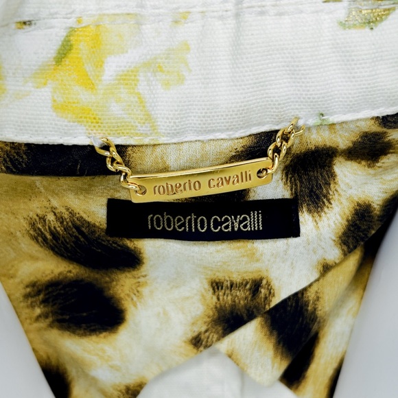 Rare Roberto Cavalli Y2K White Denim Jacket Yellow & Gold Floral Print - Size 40 - Picture 2 of 11